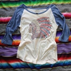 Denim & Supply Ralph Lauren White Raglan Tee with Blue Sleeves and Graphic